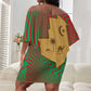 Mauritania Off Shoulder Short Dress - Desert Camel Crescent Moon and Palm Tree Graphic in Red Green Gold Pattern