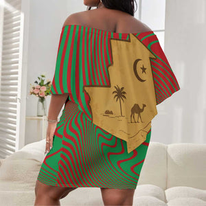 Mauritania Off Shoulder Short Dress - Desert Camel Crescent Moon and Palm Tree Graphic in Red Green Gold Pattern
