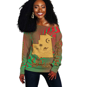 Mauritania Off Shoulder Sweater - Desert Camel Crescent Moon and Palm Tree Graphic in Red Green Gold Pattern