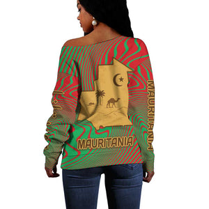 Mauritania Off Shoulder Sweater - Desert Camel Crescent Moon and Palm Tree Graphic in Red Green Gold Pattern