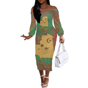 Mauritania Off The Shoulder Long Sleeve Dress - Desert Camel Crescent Moon and Palm Tree Graphic in Red Green Gold Pattern
