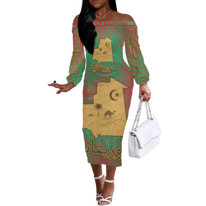 Mauritania Off The Shoulder Long Sleeve Dress - Desert Camel Crescent Moon and Palm Tree Graphic in Red Green Gold Pattern