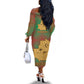 Mauritania Off The Shoulder Long Sleeve Dress - Desert Camel Crescent Moon and Palm Tree Graphic in Red Green Gold Pattern