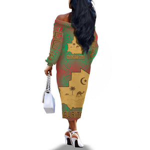 Mauritania Off The Shoulder Long Sleeve Dress - Desert Camel Crescent Moon and Palm Tree Graphic in Red Green Gold Pattern