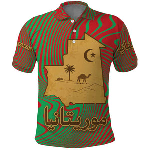 Mauritania Polo Shirt - Desert Camel Crescent Moon and Palm Tree Graphic in Red Green Gold Pattern