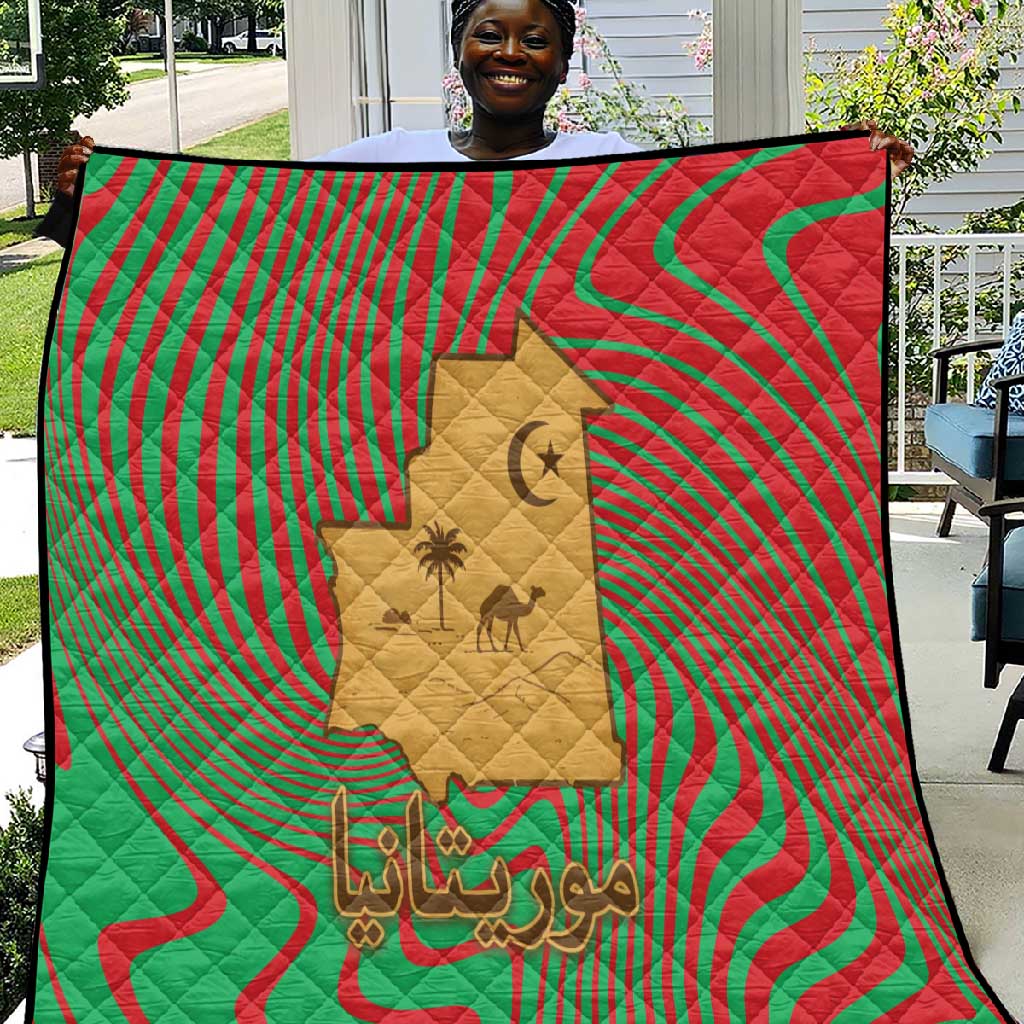 Mauritania Quilt - Desert Camel Crescent Moon and Palm Tree Graphic in Red Green Gold Pattern