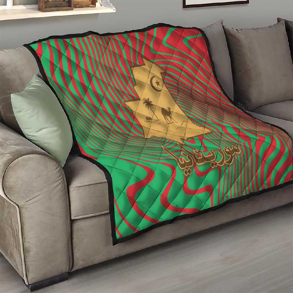 Mauritania Quilt - Desert Camel Crescent Moon and Palm Tree Graphic in Red Green Gold Pattern