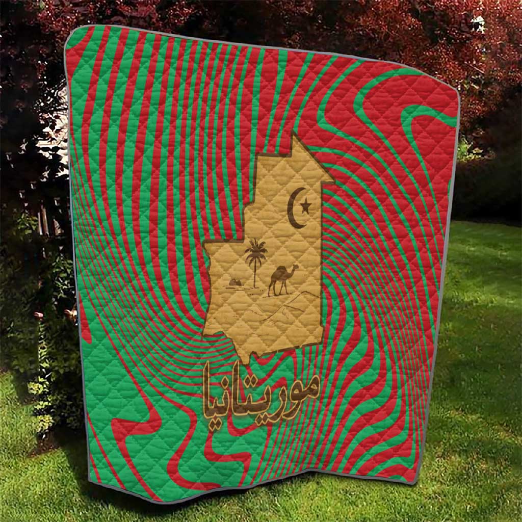 Mauritania Quilt - Desert Camel Crescent Moon and Palm Tree Graphic in Red Green Gold Pattern
