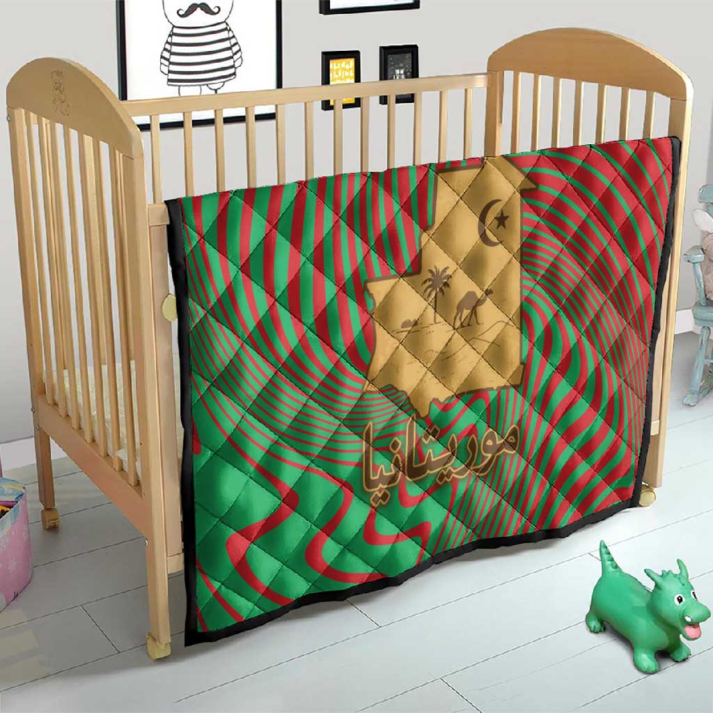 Mauritania Quilt - Desert Camel Crescent Moon and Palm Tree Graphic in Red Green Gold Pattern