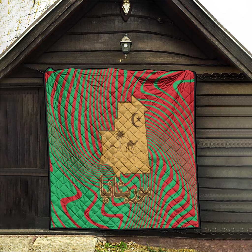 Mauritania Quilt - Desert Camel Crescent Moon and Palm Tree Graphic in Red Green Gold Pattern