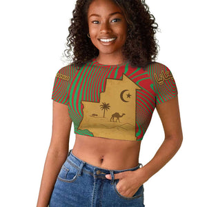Mauritania Raglan Cropped T shirt - Desert Camel Crescent Moon and Palm Tree Graphic in Red Green Gold Pattern