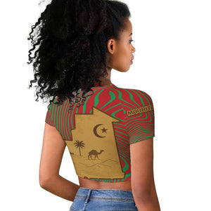Mauritania Raglan Cropped T shirt - Desert Camel Crescent Moon and Palm Tree Graphic in Red Green Gold Pattern