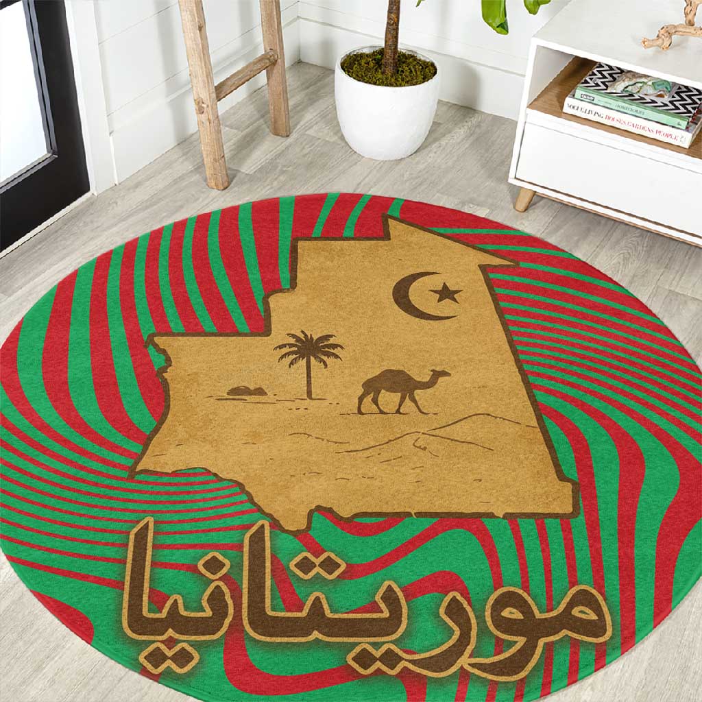 Mauritania Round Carpet - Desert Camel Crescent Moon and Palm Tree Graphic in Red Green Gold Pattern