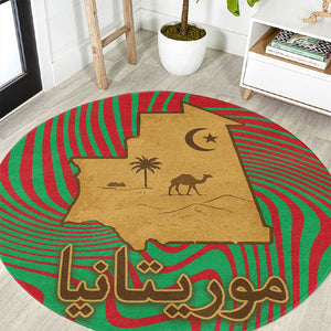 Mauritania Round Carpet - Desert Camel Crescent Moon and Palm Tree Graphic in Red Green Gold Pattern