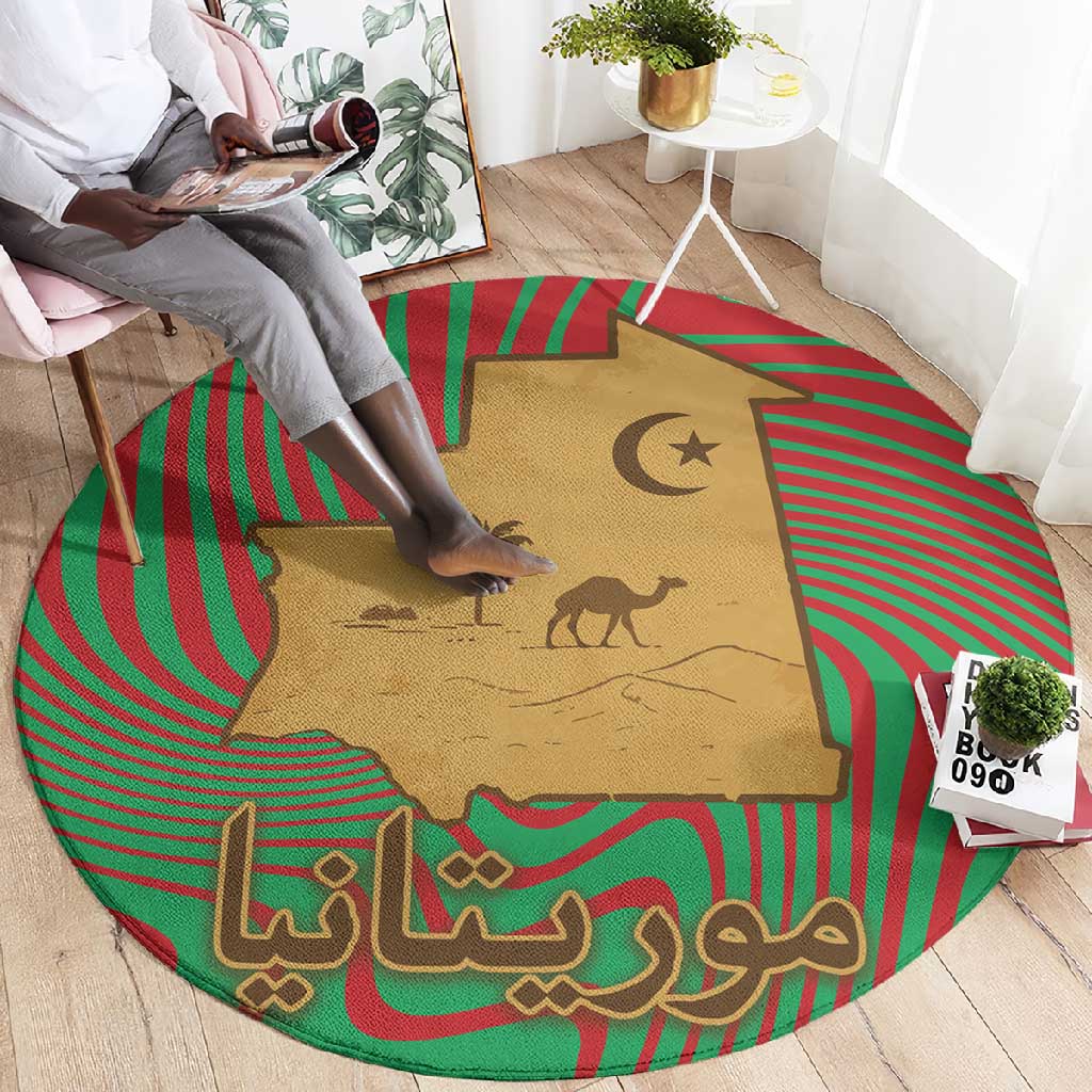 Mauritania Round Carpet - Desert Camel Crescent Moon and Palm Tree Graphic in Red Green Gold Pattern