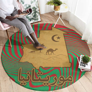 Mauritania Round Carpet - Desert Camel Crescent Moon and Palm Tree Graphic in Red Green Gold Pattern