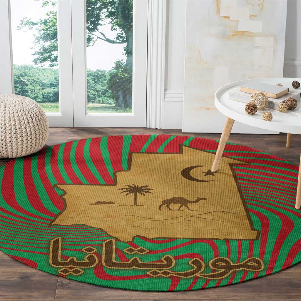 Mauritania Round Carpet - Desert Camel Crescent Moon and Palm Tree Graphic in Red Green Gold Pattern