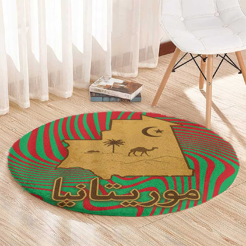 Mauritania Round Carpet - Desert Camel Crescent Moon and Palm Tree Graphic in Red Green Gold Pattern