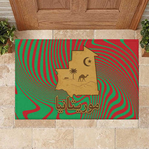 Mauritania Rubber Doormat - Desert Camel Crescent Moon and Palm Tree Graphic in Red Green Gold Pattern