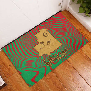 Mauritania Rubber Doormat - Desert Camel Crescent Moon and Palm Tree Graphic in Red Green Gold Pattern