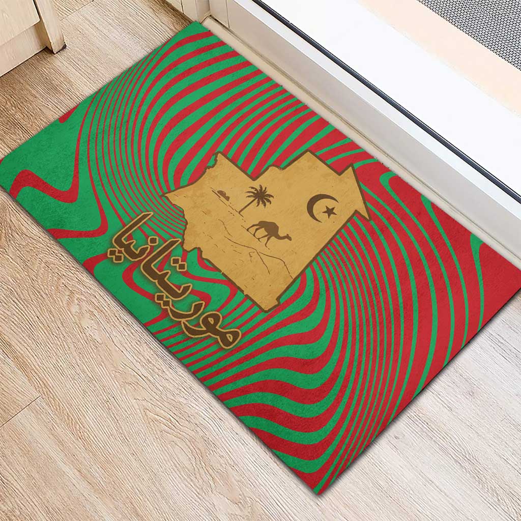 Mauritania Rubber Doormat - Desert Camel Crescent Moon and Palm Tree Graphic in Red Green Gold Pattern