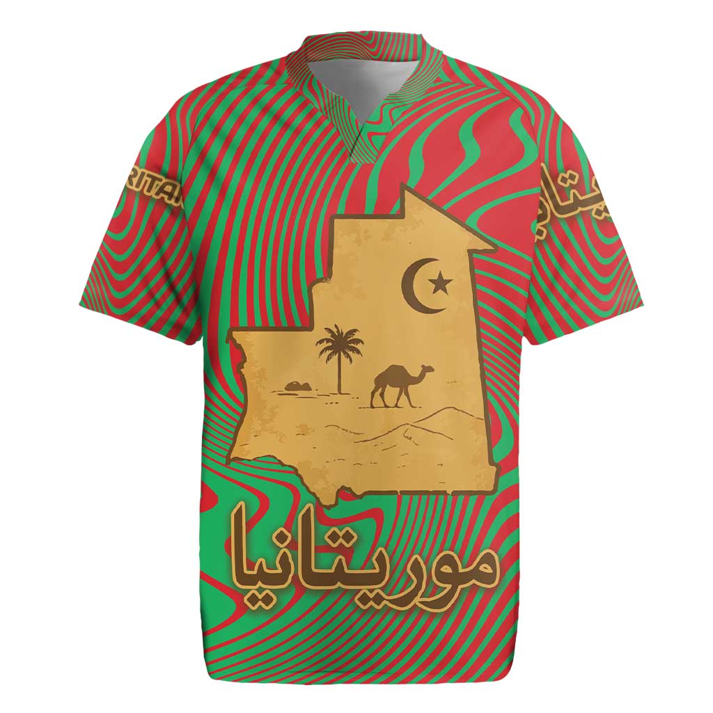 Mauritania Rugby Jersey - Desert Camel Crescent Moon and Palm Tree Graphic in Red Green Gold Pattern