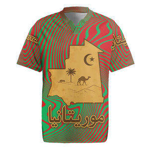 Mauritania Rugby Jersey - Desert Camel Crescent Moon and Palm Tree Graphic in Red Green Gold Pattern