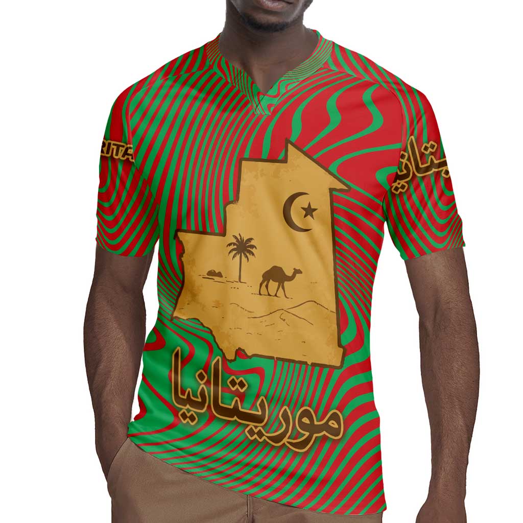 Mauritania Rugby Jersey - Desert Camel Crescent Moon and Palm Tree Graphic in Red Green Gold Pattern