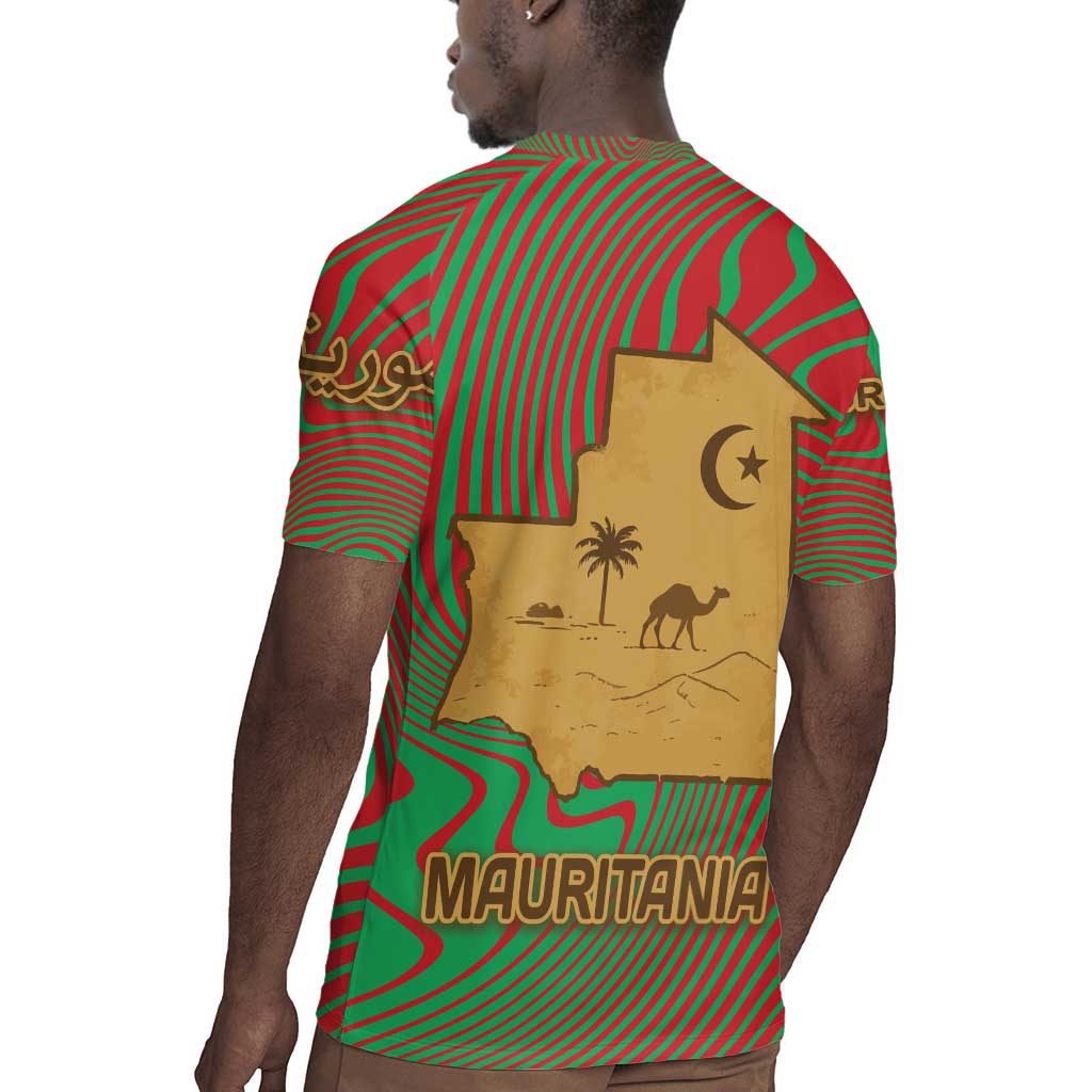 Mauritania Rugby Jersey - Desert Camel Crescent Moon and Palm Tree Graphic in Red Green Gold Pattern