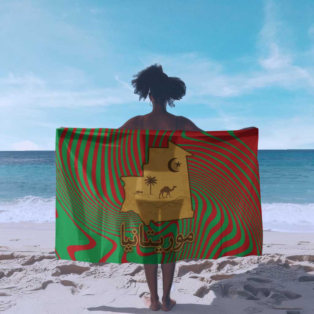 Mauritania Sarong - Desert Camel Crescent Moon and Palm Tree Graphic in Red Green Gold Pattern