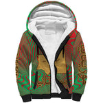 Mauritania Sherpa Hoodie - Desert Camel Crescent Moon and Palm Tree Graphic in Red Green Gold Pattern