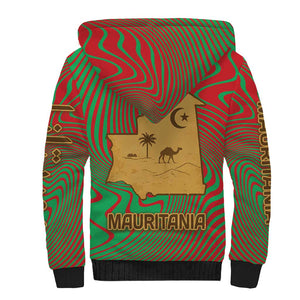 Mauritania Sherpa Hoodie - Desert Camel Crescent Moon and Palm Tree Graphic in Red Green Gold Pattern