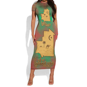 Mauritania Short Sleeve Bodycon Dress - Desert Camel Crescent Moon and Palm Tree Graphic in Red Green Gold Pattern TS04