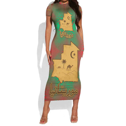 Mauritania Short Sleeve Bodycon Dress - Desert Camel Crescent Moon and Palm Tree Graphic in Red Green Gold Pattern TS04