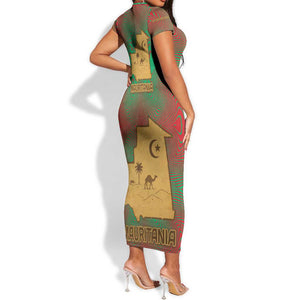 Mauritania Short Sleeve Bodycon Dress - Desert Camel Crescent Moon and Palm Tree Graphic in Red Green Gold Pattern TS04