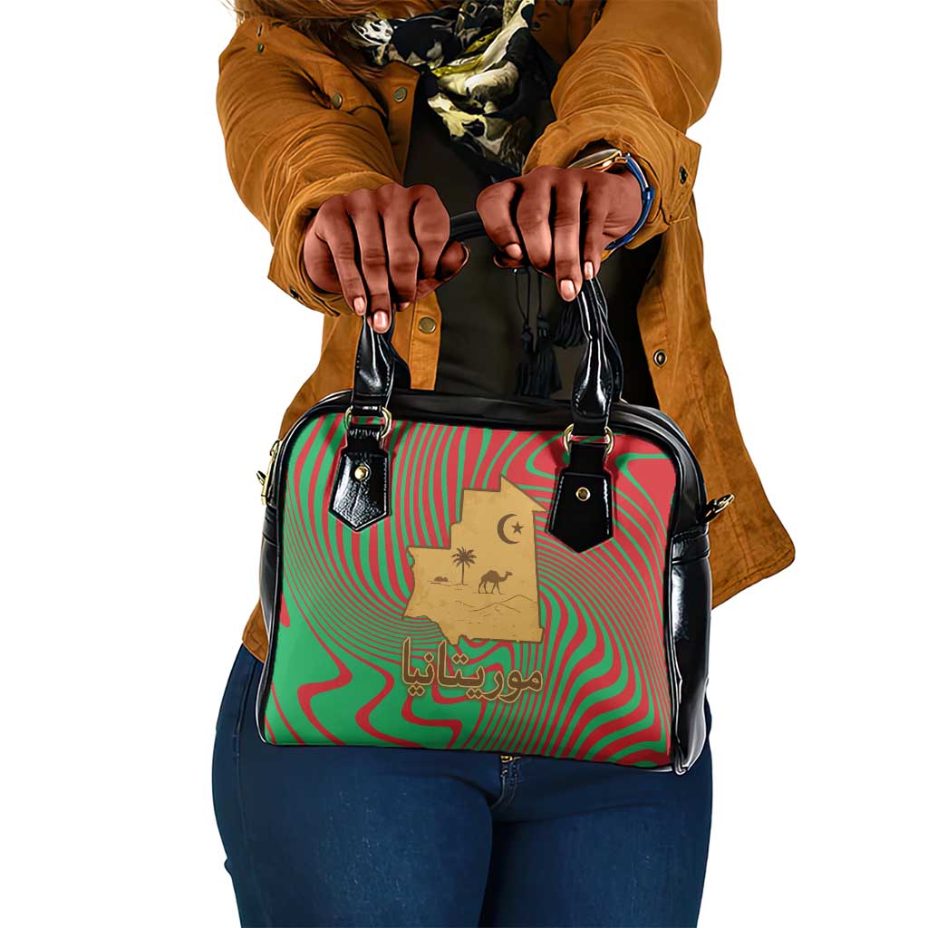 Mauritania Shoulder Handbag - Desert Camel Crescent Moon and Palm Tree Graphic in Red Green Gold Pattern