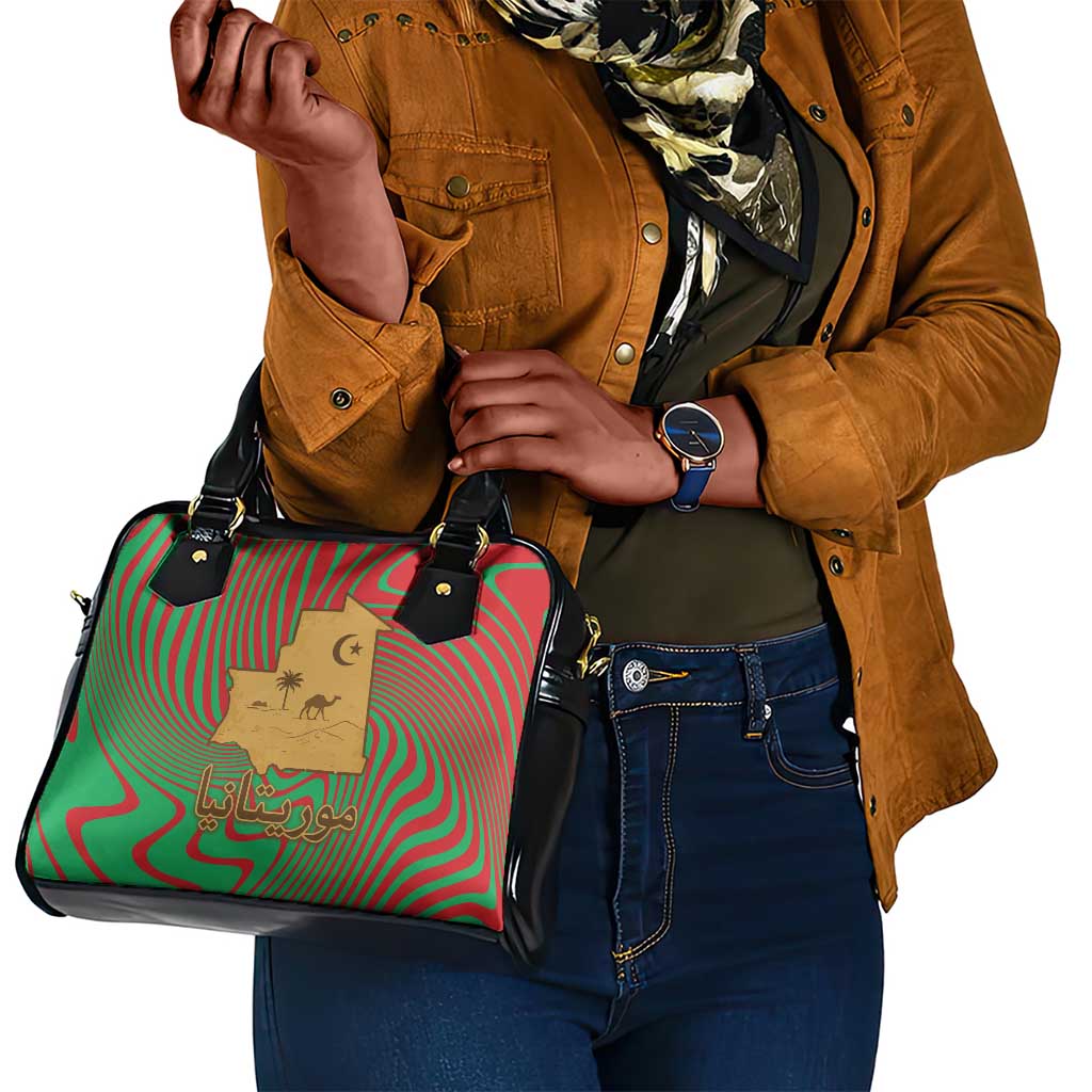 Mauritania Shoulder Handbag - Desert Camel Crescent Moon and Palm Tree Graphic in Red Green Gold Pattern
