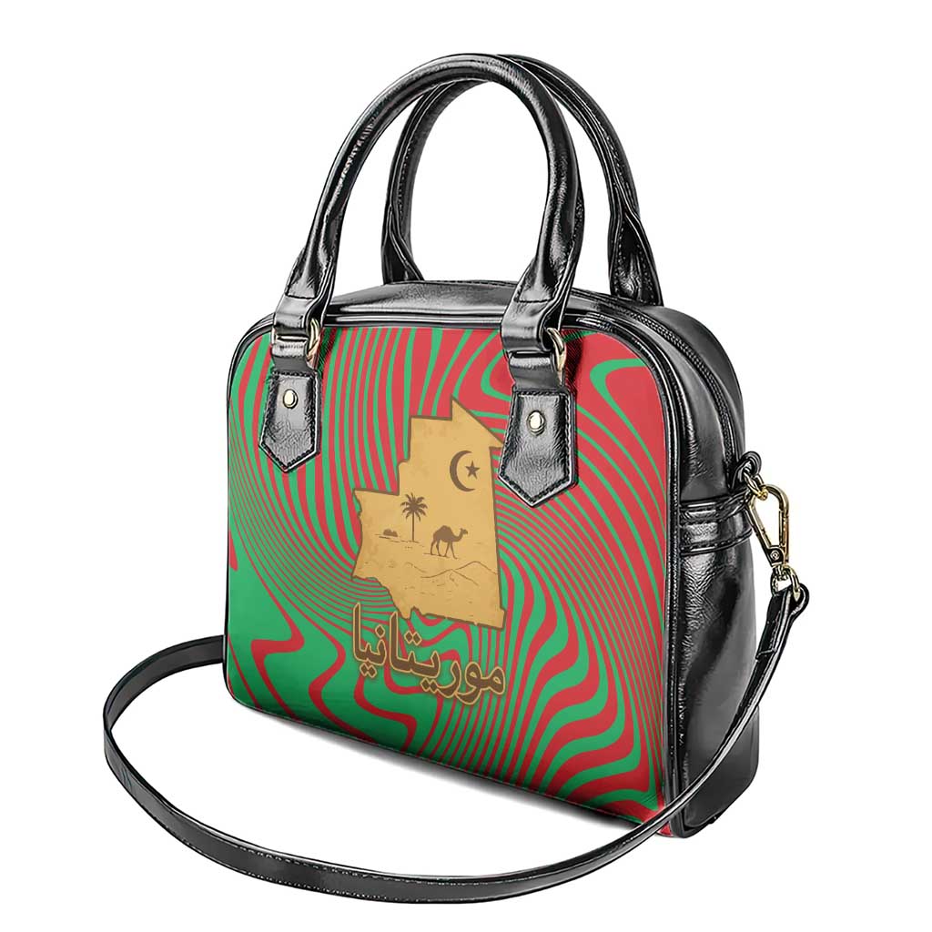 Mauritania Shoulder Handbag - Desert Camel Crescent Moon and Palm Tree Graphic in Red Green Gold Pattern