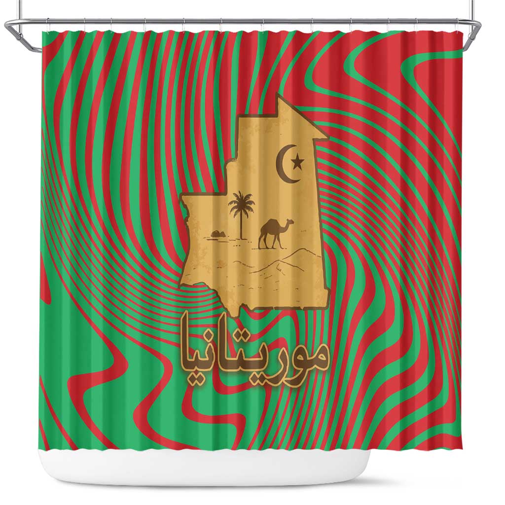 Mauritania Shower Curtain - Desert Camel Crescent Moon and Palm Tree Graphic in Red Green Gold Pattern