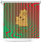 Mauritania Shower Curtain - Desert Camel Crescent Moon and Palm Tree Graphic in Red Green Gold Pattern