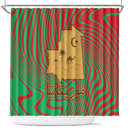 Mauritania Shower Curtain - Desert Camel Crescent Moon and Palm Tree Graphic in Red Green Gold Pattern