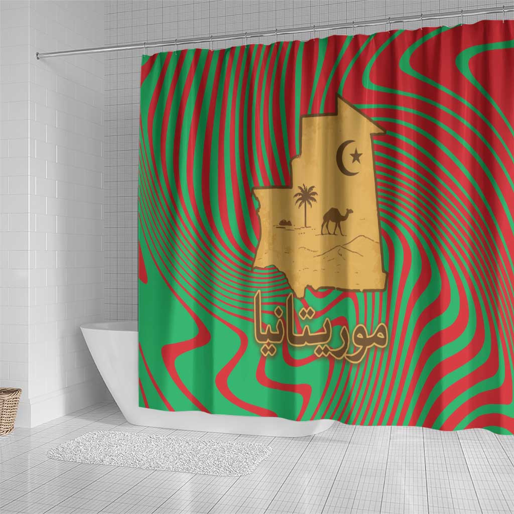Mauritania Shower Curtain - Desert Camel Crescent Moon and Palm Tree Graphic in Red Green Gold Pattern