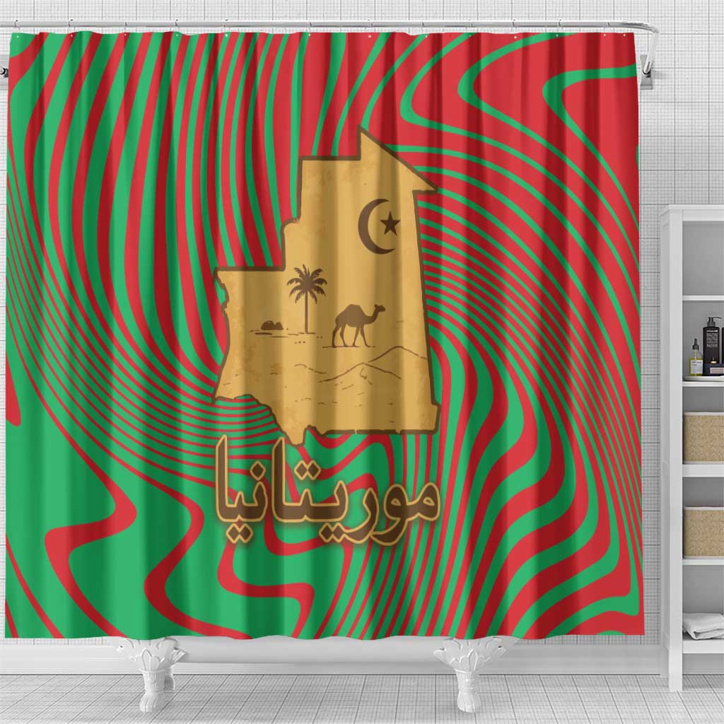 Mauritania Shower Curtain - Desert Camel Crescent Moon and Palm Tree Graphic in Red Green Gold Pattern