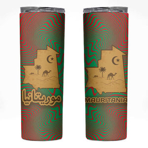 Mauritania Skinny Tumbler - Desert Camel Crescent Moon and Palm Tree Graphic in Red Green Gold Pattern