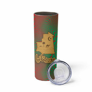 Mauritania Skinny Tumbler - Desert Camel Crescent Moon and Palm Tree Graphic in Red Green Gold Pattern