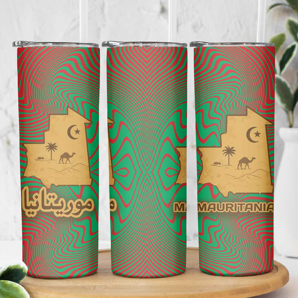 Mauritania Skinny Tumbler - Desert Camel Crescent Moon and Palm Tree Graphic in Red Green Gold Pattern
