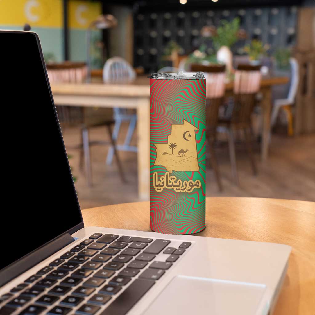 Mauritania Skinny Tumbler - Desert Camel Crescent Moon and Palm Tree Graphic in Red Green Gold Pattern