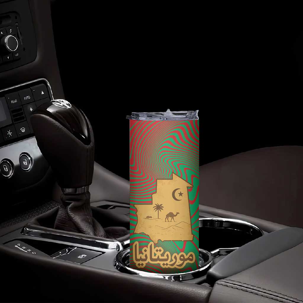 Mauritania Skinny Tumbler - Desert Camel Crescent Moon and Palm Tree Graphic in Red Green Gold Pattern