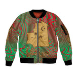 Mauritania Sleeve Zip Bomber Jacket - Desert Camel Crescent Moon and Palm Tree Graphic in Red Green Gold Pattern
