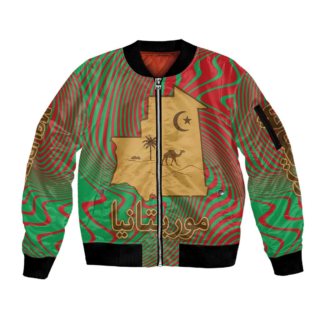 Mauritania Sleeve Zip Bomber Jacket - Desert Camel Crescent Moon and Palm Tree Graphic in Red Green Gold Pattern